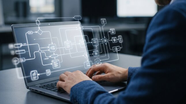 Person using a laptop with a digital cityscape and data stream overlay