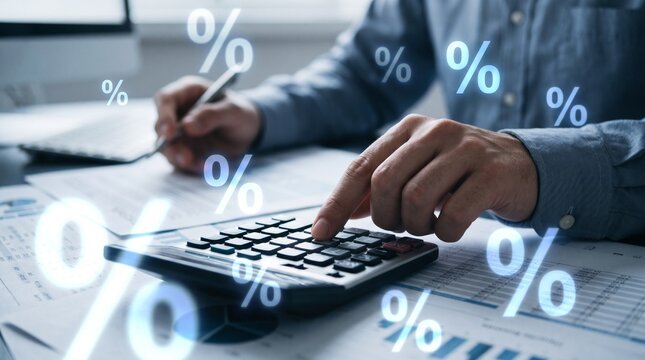 Business professional calculating finances with percentage signs overlayed on the scene