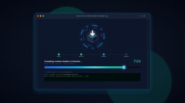 Software deployment wizard interface showing progress bar and cube icon on dark screen