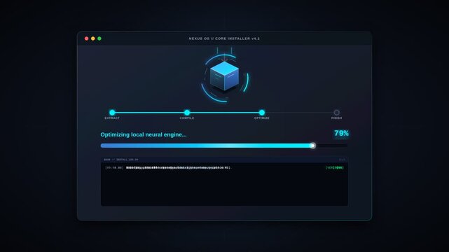 Software installation interface showing progress bar and cube icon on dark screen