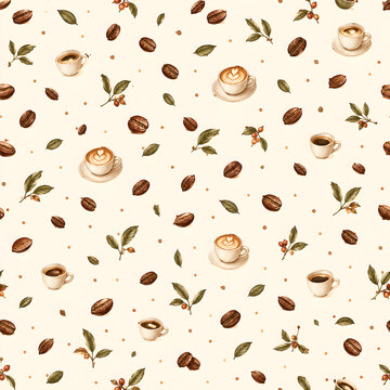 Hand drawn coffee seamless pattern featuring roasted coffee beans, espresso cups, latte art, and green coffee leaves on light background