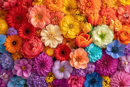 Rainbow flowers background vibrant botanical garden floral arrangement