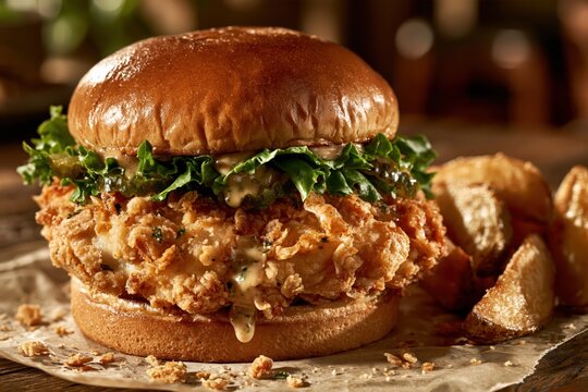 Crispy chicken burger with potato wedges and sauce in rustic style