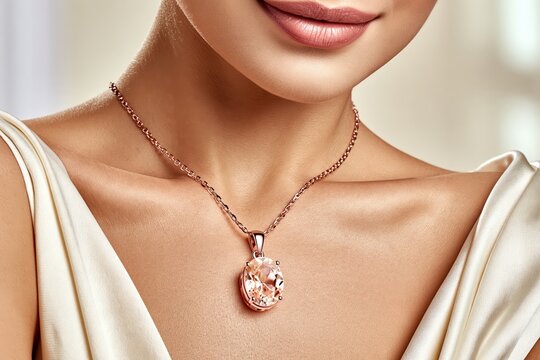 Rose gold necklace with gemstone pendant on woman neck elegant style