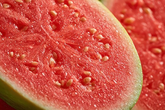 Fresh watermelon slice macro close up showing juicy red flesh texture