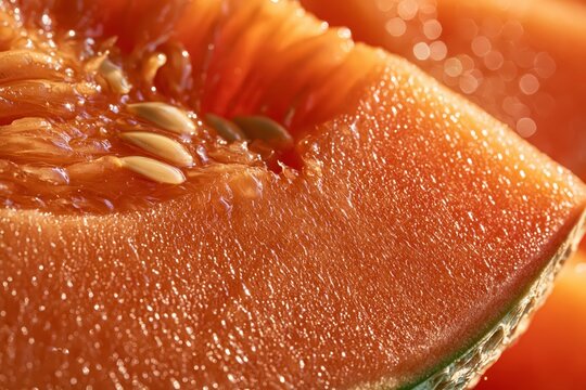 Cantaloupe melon slice macro close up with seeds and juicy texture