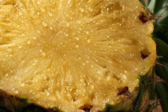 Fresh juicy pineapple slice macro texture with water drops background