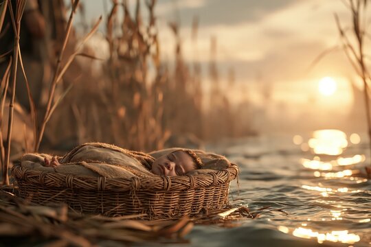 Newborn baby sleeping in wicker basket floating on river at sunset