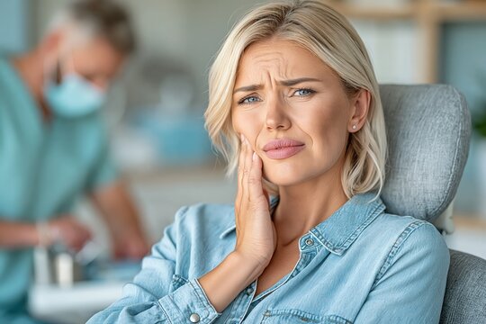 Woman suffering from toothache holding cheek in dental clinic interior