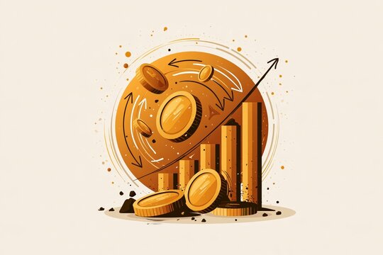 Financial growth graph with rising coins and stock market arrows