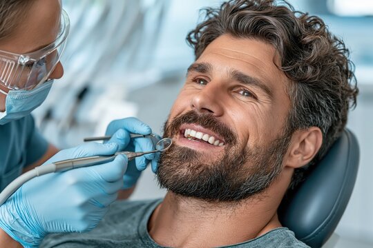 Dentist examining smiling male patient teeth in modern dental clinic