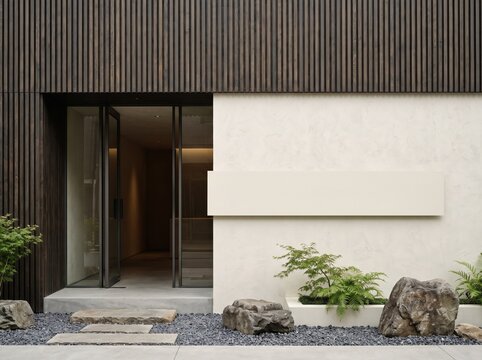 Contemporary retail storefront with dark vertical timber slats, ivory plaster walls, clean geometric proportions, and a recessed glass entrance.