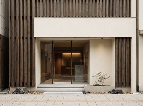 Japanese-inspired contemporary retail storefront with dark vertical timber slats, ivory plaster walls, clean geometric proportions, and a recessed glass entrance.