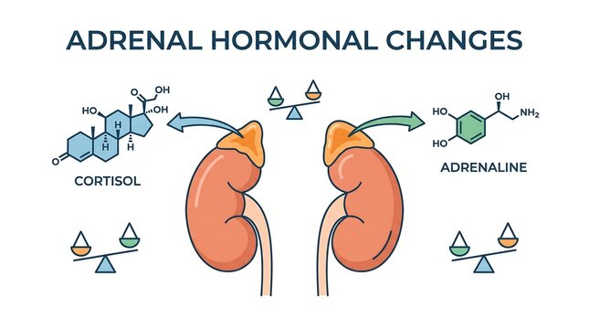 Adrenal hormonal changes showing cortisol and adrenaline chemical structures and balance in a professional endocrine system medical vector illustration