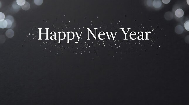 Festive happy new year text greeting on a dark background with sparkling bokeh