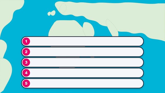 Flat vector animation of five blank infographic banner text boxes appearing on a world map background