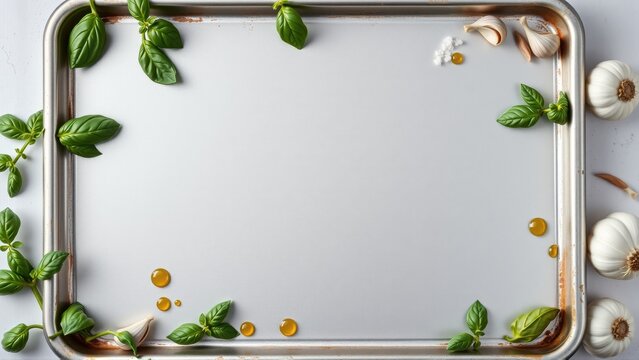 Empty baking sheet framed by basil, garlic, oil drops. Minimalist food photography, clean presentation, neutral tones dominate composition.