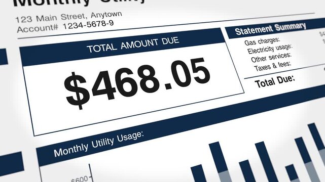 Closeup of Total Amount Due with running numbers in monthly utility statement. Rising inflation, utility bill, monthly utility usage, overdue, monthly budget, tax, gas, electricity charges. 4k footage