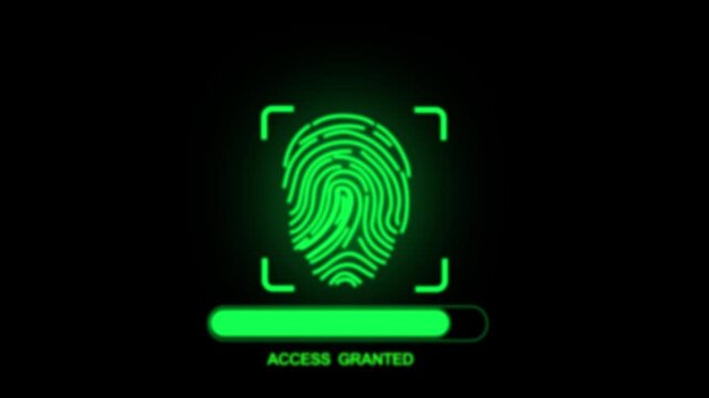 Fingerprint scan animation displays an access granted message with a progress bar. Identity clearance telemetry routes on fingerprint scan. Portals use the scan.