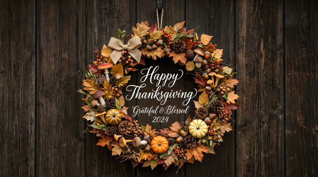 Decorative autumn wreath with happy thanksgiving text hanging on a rustic wooden wall