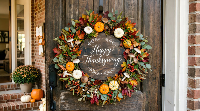 Festive autumn wreath with pumpkins and fall foliage hanging on a rustic wooden door
