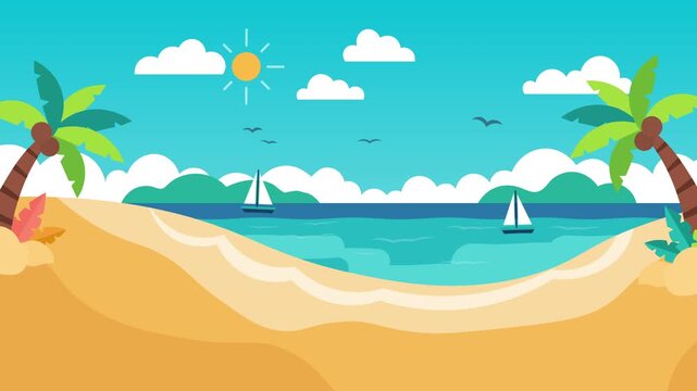 Tropical beach with swaying palm trees and sailboats bobbing on a turquoise sea under a sunny sky in a seamless loop