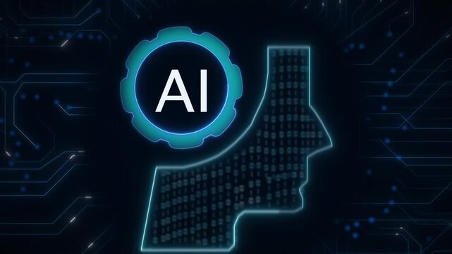 Brain animation merges artificial intelligence neural circuits with a head outline. Cognitive computing telemetry routes through brain animation. Consoles use it.