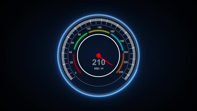 Speedometer gauge animation displays progressive acceleration needle metrics on dials. Velocity measurement telemetry routes on speedometer gauge. Consoles use it.