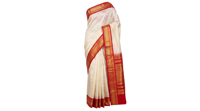 Traditional saree with red gold border draped elegantly on transparent background
