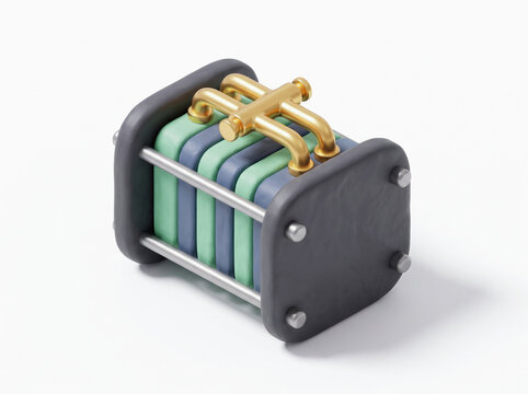 Hydrogen fuel cell membrane electrode assembly stack with golden distribution manifold concept of green hydrogen zero emission power isolated on white background 3d render