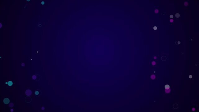 Abstract floating geometric particles seamless loop, cyan and magenta circles, rings and plus shapes rising on dark blue background