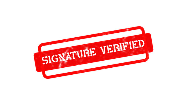 Rectangular red rubber stamp with the text signature verified in white stencil letters isolated on a black background, for document validation isolated on a transparent background