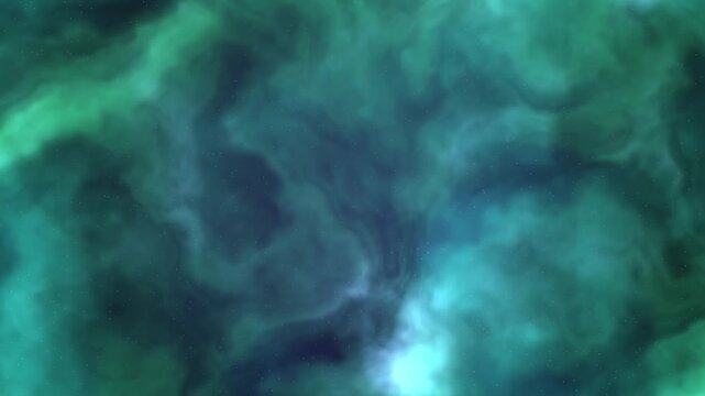 Teal and green interstellar nebula gas cloud with twinkling starry space cosmos texture seamless loop animation