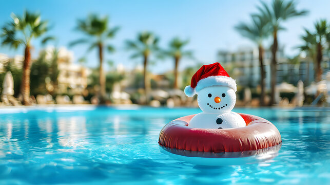 A snowman in an inflatable ring in a pool against the backdrop of palm trees and a luxury hotel