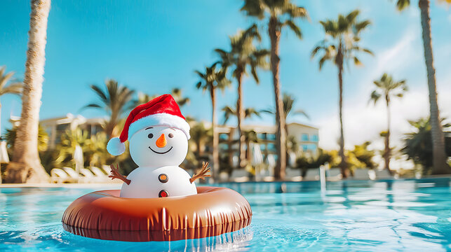 A snowman in an inflatable ring in a pool against the backdrop of palm trees and a luxury hotel