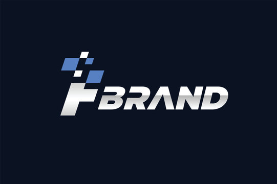 Letter F Logo with Pixel Square Composition