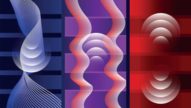 Abstract digital background featuring vertical wavy lines and concentric circular patterns in blue purple and red gradients
