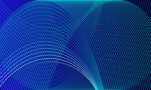 Cyan glowing wireframe mesh and abstract wave pattern background for technology and digital design