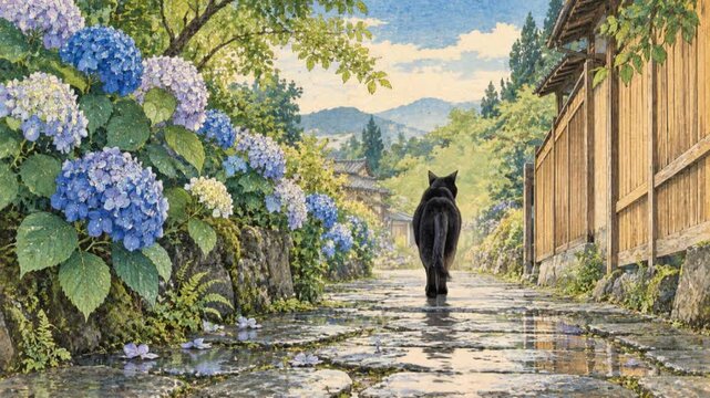 Black cat walking through a hydrangea lane after rain in Japanese woodblock style