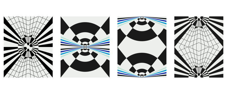 Experimental black and white glitch art square template pack featuring four optical pattern covers