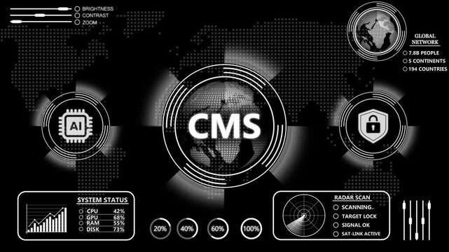 Cms digital interface dashboard with ai integration and global network security monitoring hud management system
