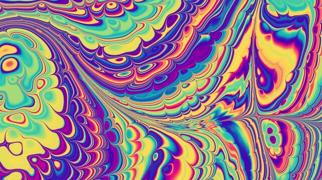 abstract trippy psychedelic animation. Bright Acid Rainbow Colors, wavy pattern. 4k loopable background. Hippie style. Liquid marble wave effect stock