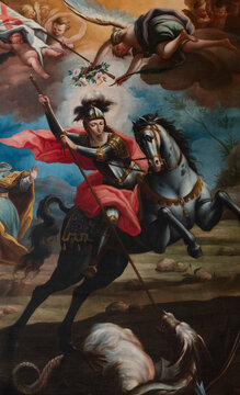 Painting (19th century) of Saint George killing a dragon. Saint of the Roman Catholic Church.