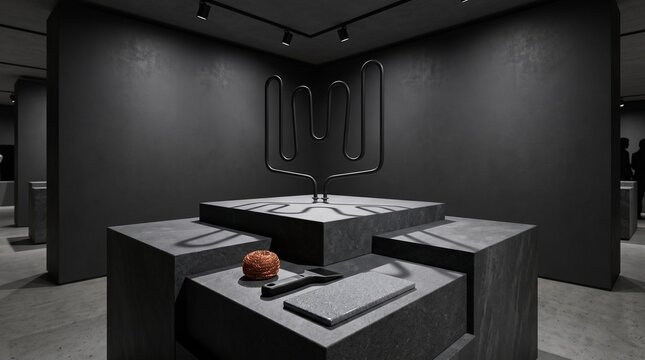 Modern minimalist art gallery exhibit with black walls and sculpture