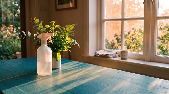 Spray bottle and plant vase on a wooden table near a window in a room