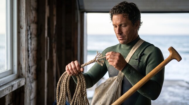 Focused man in a green wetsuit inspecting a frayed rope inside a rustic boathouse with a wooden paddle and ocean view in the background