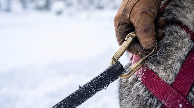 Close-up of a gloved hand attaching a brass carabiner leash to a red sled dog harness in the snow, preparing a husky for a winter sledding expedition