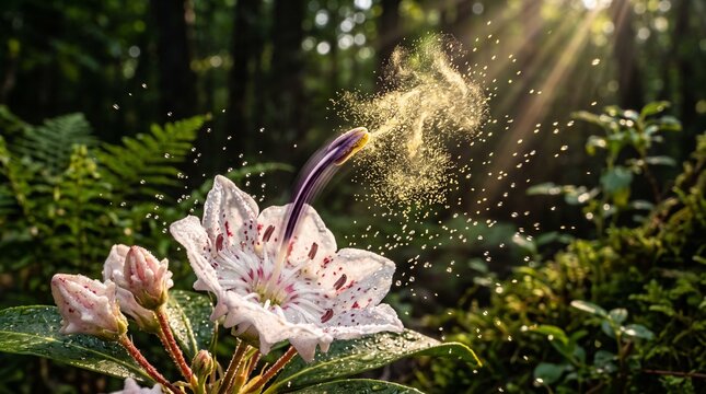 Mountain laurel flower releasing pollen in a sunlit forest