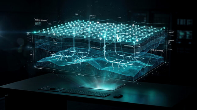 Digital holographic 3D model showcasing subsurface seismic rebound and gas reservoir exploration