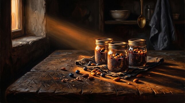 Rustic wooden table with glass jars filled with homemade dessert and nuts
